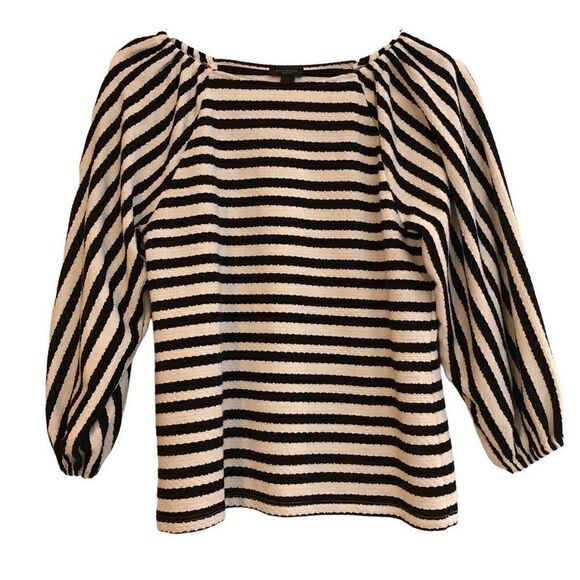Ann Taylor Factory White Blouse Black Stripes Off The Shoulder XS - Picture 1 of 9